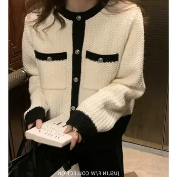 Вязаный жилетка в контрастен цвят в класически стил, есенен дамски дрехи 2023, Нов Корейски стил, мек пуловер, палто Casaco Feminino