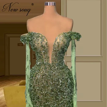 Зелени елегантни рокли на Русалка за бала, Ново записване, Вечерна рокля с открити рамене, расшитое перли и кристали, Арабски дрехи за сватбената парти в Дубай 2023 г.