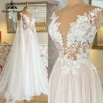 Винтажное Сватбена рокля с флорални кружевными апликации и прозрачни крила на илюзията с подвижни ръкави robe de soirée de mariage 2023