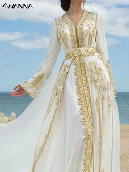 Класическа сватбена рокля с V-образно деколте и дълъг ръкав, златен колан с апликации, халат на булката, мюсюлманската шифоновое сватбена рокля трапецовидна форма Robe De Mariée