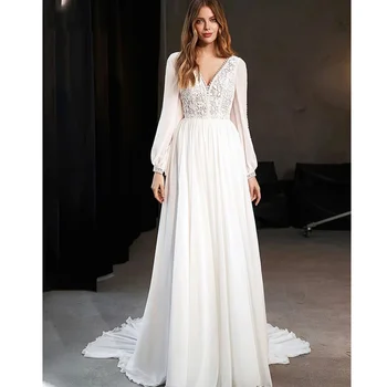 Красиви дантелени апликации, сватбени рокли с дълъг ръкав 