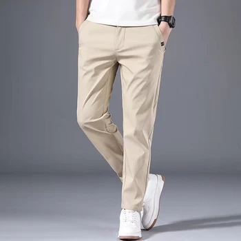 Модерен мъжки панталони Slim Fit, обикновен панталон-чино от еластичен материал, ежедневни гъвкави класически широки панталони с плоска предна част, мъжки дрехи