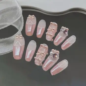 Ноктите ръчно изработени розови режийни ноктите балерина с бантиком, френски режийни ноктите, носимые кристали, изкуствена печат за нокти