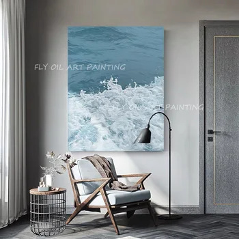 100% Ръчна изработка прост скандинавски чист пейзаж океана тъмно синьо платно, маслени картини за декорация на дома, хол, офис