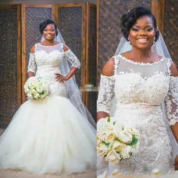 Африкански сватбени рокли Наметало на Русалка с ръкав дължина до пода Буйна тюлевая пола Сватбени рокли Реколта лейси апликация Плюс размер
