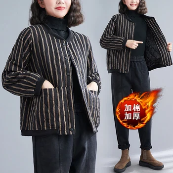 2023 Ново записване, Есенно-зимния женски-шарени дизайн, однобортное палто Паркър с дълъг ръкав и V-образно деколте, утепленное топло палто V744