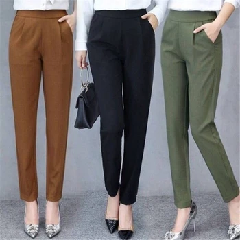 2023New Spring, тънки еластични дамски панталони с висока талия, Корейски универсални панталони Harun, без приятелка на върха на ежедневния костюм голям размер