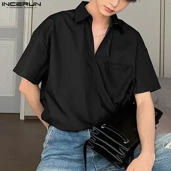 Върховете INCERUN, 2023, Корейски стил, Нови мъжки прости ризи полуоткрытого намаляване, Ежедневни удобни однотонная блуза с къс ръкав S-5XL