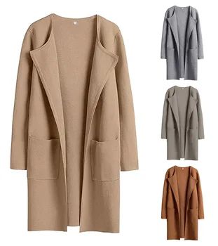 Модно вълнено палто с поло 2023, есен/Зима, Европа и Америка, ново однотонное палто с джобове за жени
