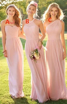 Розови дълги Рокли на Шаферките Трапецовидна Форма на Бретелях Дължина До пола От Шифон Големи Размери За Сватбени Партита