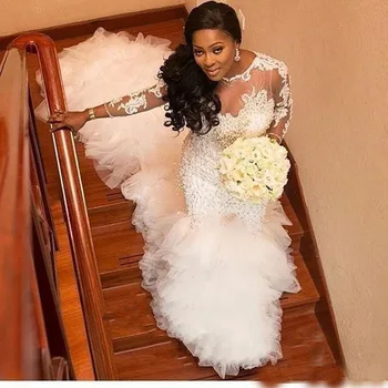 Африкански Бляскава сватбени рокли на Русалка 2023 Луксозни Мъниста Кристал Високо деколте-Дълги ръкави Апликация Сватбени рокли Vestido De