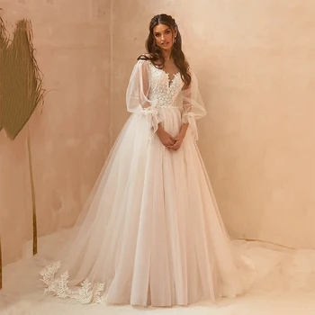 Принцеса рокля за бала на Булката, с дълги буйни ръкав и апликации, сватбени рокли 2023, Скъпа облегалка с бутони, Vestido De Новия