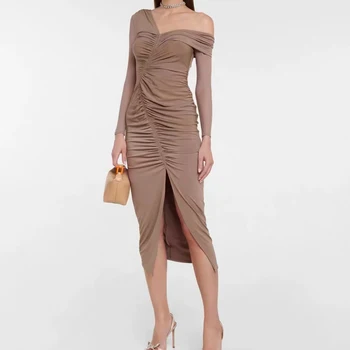 Женското сексуално тънка дълга рокля с цепка, модерно рокля midi