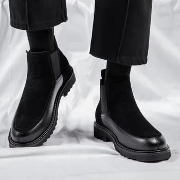 Мъжки Ежедневни Обувки с висок берцем, Черна Къса обувки и без закопчалка С кръгло бомбе, 2023 Зимни Топли Ботильоны На меху, Botas ал Hombre