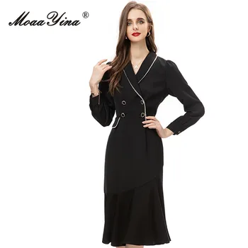 Модерно зимно дизайнерско черно винтажное палто от смесовой тъкан MoaaYina, женски джобове с копчета на лацканах, украсени с мъниста, къдри, тънка-дълга козина от смесовой тъкан