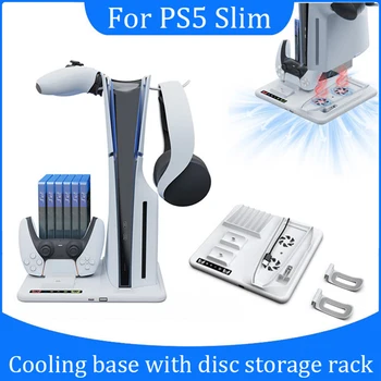 За PS5 Slim host многофункционална база за разсейване на топлина с рафтове за съхранение на дискове за PS5 дръжка с две седалки поставка за зареждане, слушалки