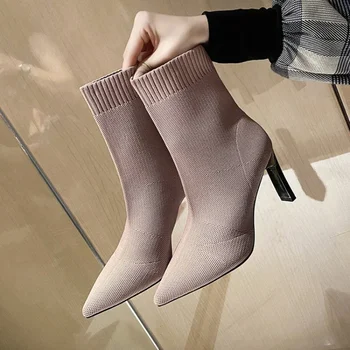 Нови дамски възли ластични чорапи на висок ток, обувки Botas с остри пръсти на тънък ток, Черни модерен Секси женски обувки 