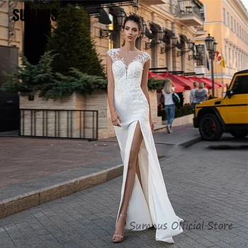 Сватбени рокли SUMNUS White Русалка с кружевными апликации на ръкавите и с висока цепка, секси рокля на булката, Иллюзионные сватбени рокли в стил бохо с отворен гръб