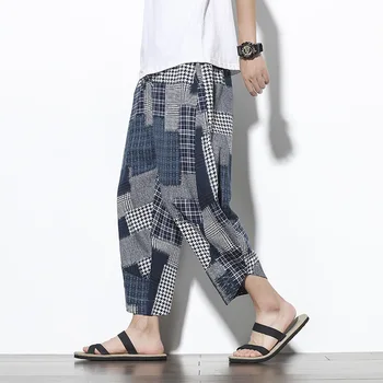 Лято китайски стил памук, коноп джоба бягане каре ежедневни панталони Мъжки свободни хип-хоп мода етнически широки панталони