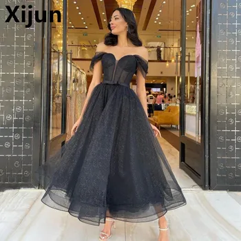 Xijun/ Секси вечерни рокли от лъскави черен тюл с открити рамене, дълги до чайна, Вечерна рокля за коктейл, вечерни рокли за абитуриентски бал, дамски официални рокли