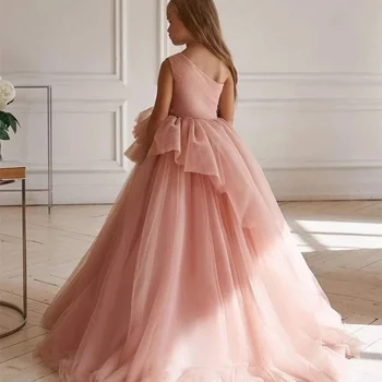 Розова сватбена рокля за момичета, цветенце с едно рамо, пищни тюлевое рокля за шаферка, парти по повод деня на раждане, Първо причастие, бални рокли