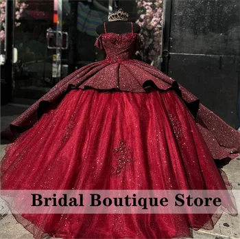 Луксозно бордовое бална рокля на принцеса, Буйни рокля с открити рамене, Флорални апликации, мъниста, перли, Луксозни булчински рокли Vestidos