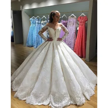 Сватбени рокли Апликация от мъниста Арабски Сватбени Рокли Бяла Бална Рокля С V Образно деколте Robe De Soiree De Mariage Vestidos De Новия 2021