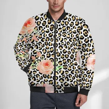 Якета с флорални леопардовым злато, есенните ежедневни палто в стил ретро с розов персиковым принтом, мъжки с джобове, класически дизайн windbreakers, яке оверсайз.
