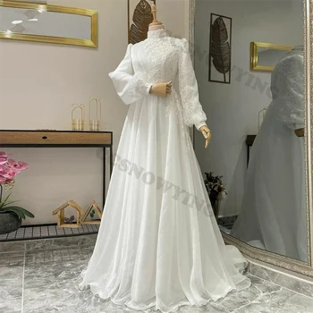 Апликации от органза, Мюсюлманското сватбена рокля за булката с дълъг ръкав и висока воротом Ислямски сватбени рокли Арабски Дубай Vestidos De Новия