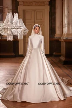 Елегантна атласное мюсюлманската сватбена рокля с дълъг ръкав за булката с високо воротом Ислямски сватбени рокли Дамски арабски Дубай Vestidos De Новия
