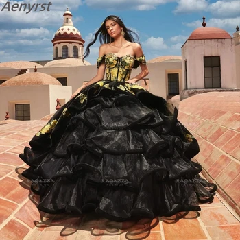 Луксозно рокля Aenyrst Black Charro С открити рамене, Волани от Органза, в Пищни бални рокли С Аппликацией, Sweet 16 Vestidos de 15 Años