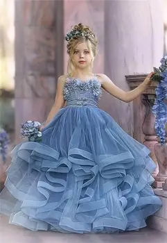 Уважаеми сиво-синьо пушистое принцеса рокля с набори и без презрамки за момичета-цветочниц 2024