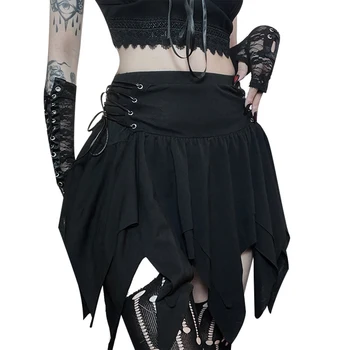 Черни готически дамски поли от дантела с неправилна форма, мини поли в стил пънк с висока талия и стегнато за партита, музикални фестивали, рок-концерти, карнавали