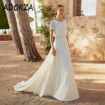 Сватбена рокля ADORZA с сатенена драпировкой на гърба, Сватбена рокля с деколте лодка, Дантелено рокля с къси ръкави и влак Vestido De Noiva за булката