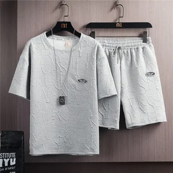 Мъжки комплект 2024 г., мъжко облекло от две части, годишната Лятна тениска с къс ръкав под формата на вафли, Корейски безплатен комплект с къс ръкав