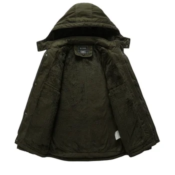 Памучен яке с подплата от памук, плюшен и удебелени, топло, защищающая от студ Мъжко яке със средна дължина с качулка за туризъм на открито, Руното парк