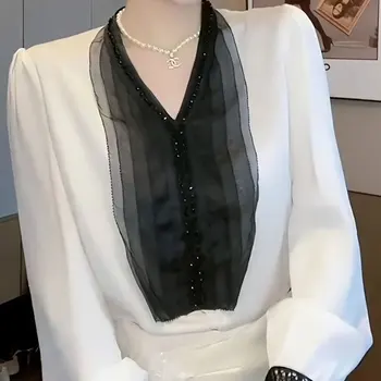 Дамски дрехи, стилни лейси риза в стил мозайка, луксозни диаманти, Корейската отворена Пролетно елегантна блуза с V-образно деколте и дълъг ръкав