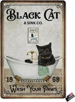 Декор на стените - Лидице Табела с Забавен Модел Черна Котка - Използване на банята, Ретро стил - Ползване на тоалетна, Миене на лапи, Подвешивание или Поставка