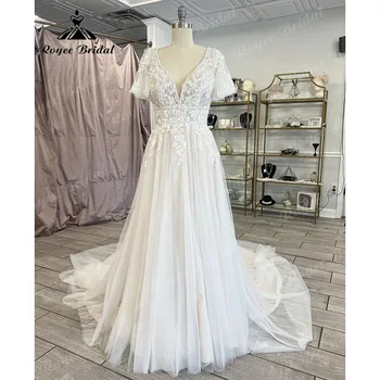 Елегантна сватбена рокля с А-силует в стил бохо с отворен гръб и къс ръкав 2024, сватбената рокля на булката, без облегалка Brautkleid