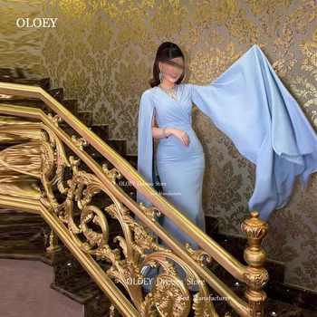 OLOEY Обикновено Светло сини Арабски дамски официални рокли С дълги ръкави-накидками и V-образно деколте и Вечерна рокля за бала Вечерна рокля за абитуриентски бал