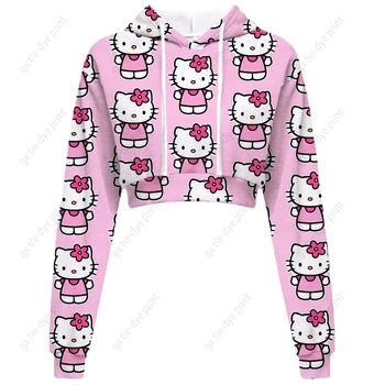 Дамски hoody с принтом Hello Kitty, пуловер с анимационни принтом Котка Коте, къса hoody с дълъг ръкав копчета, S-3XL