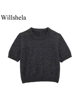 Willshela/ Женски модерен Сив вязаный пуловер в ретро стил с кръгло деколте и къси ръкави, шикозни дамски блузи
