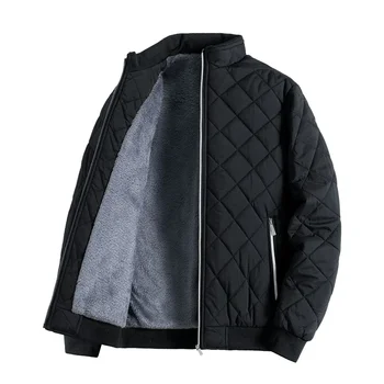 Ново приталенное палта Есен-зима, мъжко яке-бомбер с ромбовидным модел, ежедневни яке върху руното лигавицата, мъжки модни дрехи