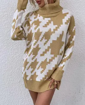 Зимата женствена рокля-пуловер, блуза 2023 контрастен цвят в стил мозайка, без вязаный пуловер със средна дължина, с ревера за пътуване до работа, топ