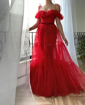 Червените Марокански вечерни рокли Трапециевидные бретельки дължина до пола от тюл, дълга рокля за абитуриентски бал в Турция, Дубай, Саудитска Арабия