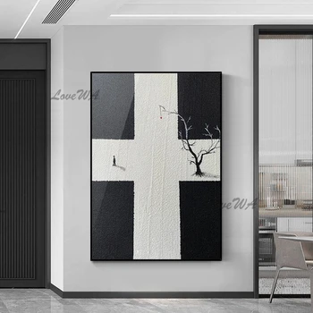 Стенно изкуство върху платно декорация на дома е Черно-бяла абстрактна живопис с маслени бои Стенен декор на платно Произведения на изкуството за декор на хотелска стая