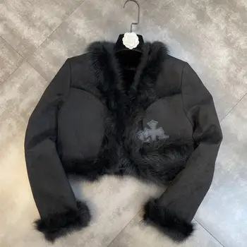 Палто, Черна, Пролет-есен 2024, дамски къс сако с V-образно деколте и дълги ръкави, Трикотажная памучни дрехи