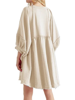 Жена ежедневното мини рокля однотонного цвят с ръкав-фенерче, свободно рокля-туника, кратко пищни рокля