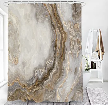 Мраморна завеса за душ Сиво Златисто-бяла Текстура Мраморна завеса за душ за баня Абстрактен модел Водоустойчив плат с една кука