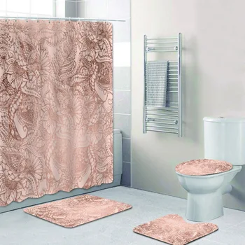 Елегантна фолио от изкуствена розово злато в пастелни румянах, розова завеса в цветенце за баня, комплект за пердета за баня, тоалетни постелки за под, за декор